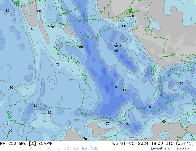 RH 850 hPa ECMWF mer 01.05.2024 18 UTC