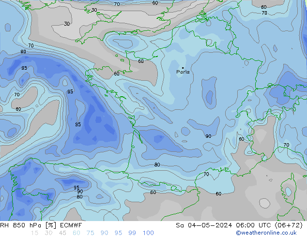 Humidité rel. 850 hPa ECMWF sam 04.05.2024 06 UTC