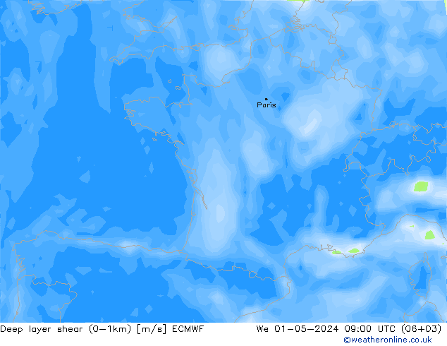 Deep layer shear (0-1km) ECMWF mié 01.05.2024 09 UTC