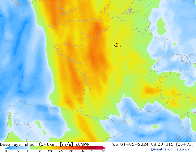 Deep layer shear (0-6km) ECMWF mié 01.05.2024 09 UTC