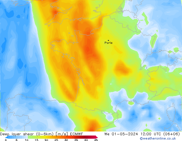 Deep layer shear (0-6km) ECMWF St 01.05.2024 12 UTC