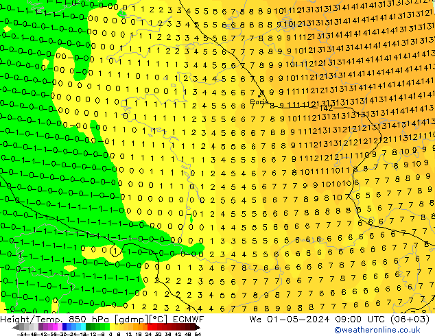 Geop./Temp. 850 hPa ECMWF mié 01.05.2024 09 UTC