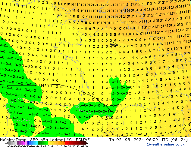 Height/Temp. 850 hPa ECMWF Do 02.05.2024 06 UTC