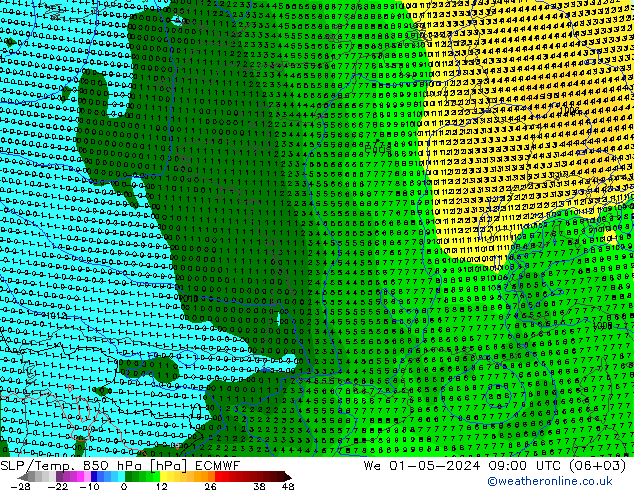 SLP/Temp. 850 hPa ECMWF śro. 01.05.2024 09 UTC