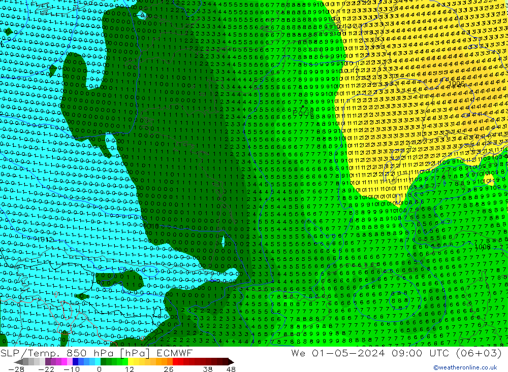 SLP/Temp. 850 hPa ECMWF mié 01.05.2024 09 UTC