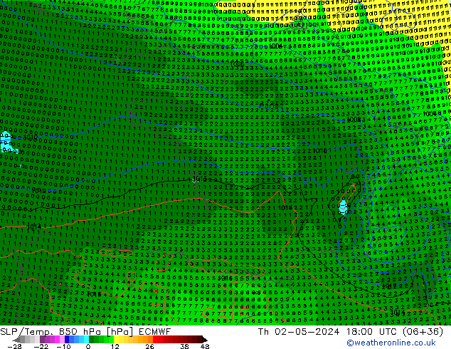 SLP/Temp. 850 hPa ECMWF Čt 02.05.2024 18 UTC