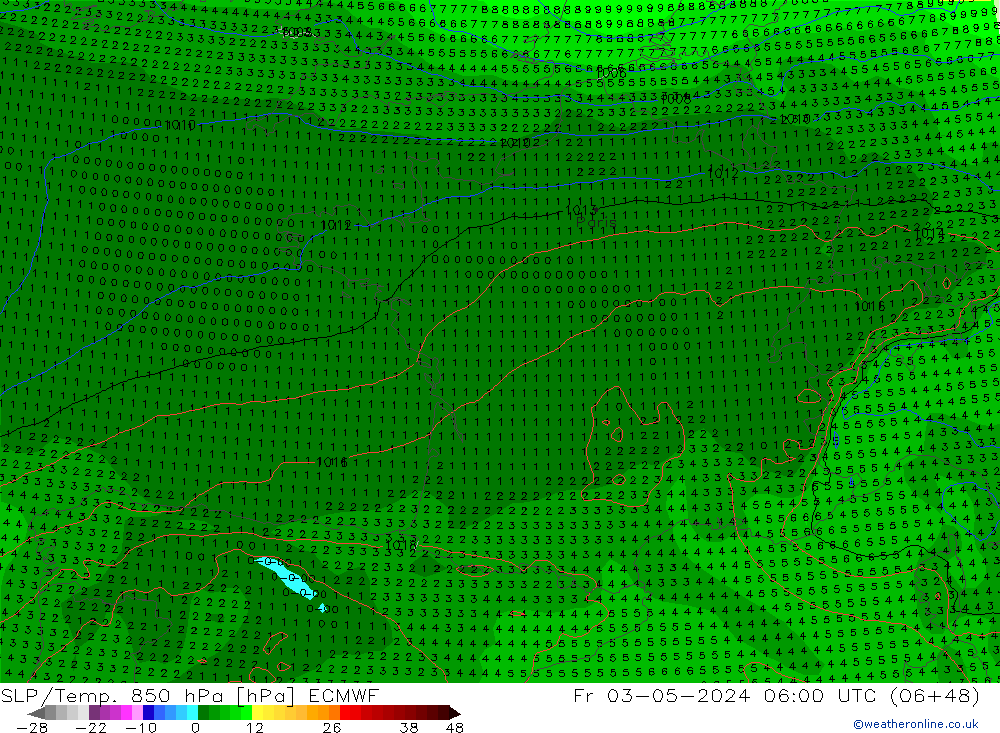 SLP/Temp. 850 hPa ECMWF Fr 03.05.2024 06 UTC