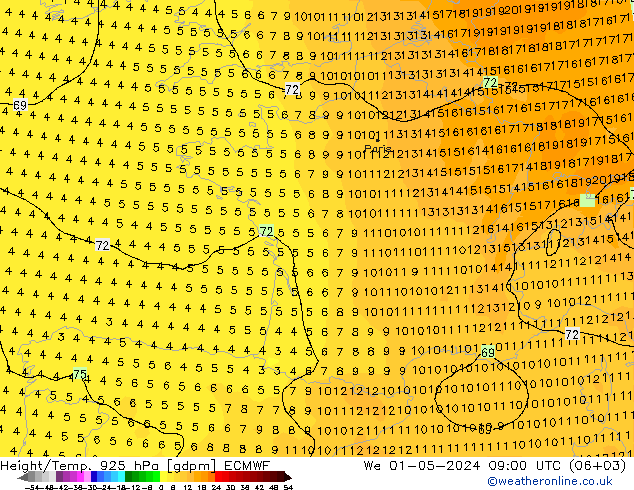 Height/Temp. 925 hPa ECMWF We 01.05.2024 09 UTC