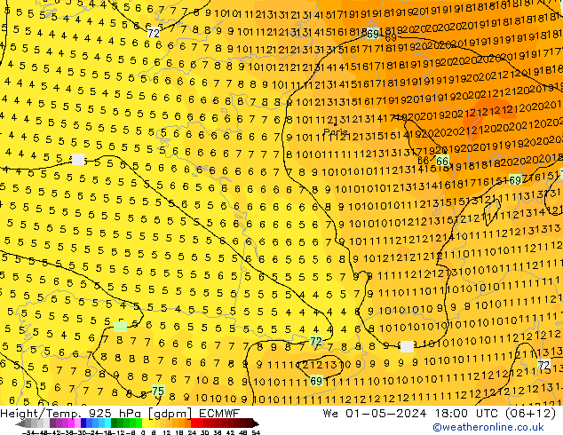 Height/Temp. 925 hPa ECMWF mer 01.05.2024 18 UTC