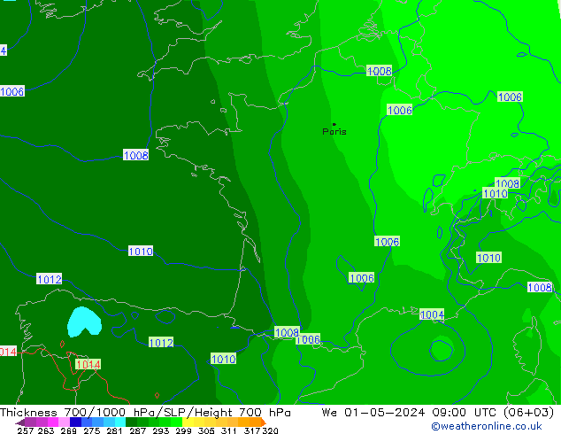 Schichtdicke 700-1000 hPa ECMWF Mi 01.05.2024 09 UTC