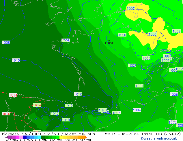 Thck 700-1000 hPa ECMWF mer 01.05.2024 18 UTC