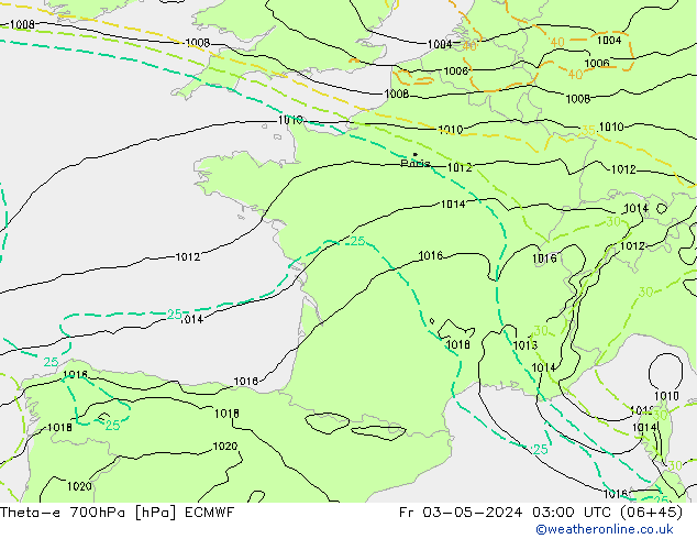 Theta-e 700hPa ECMWF ven 03.05.2024 03 UTC