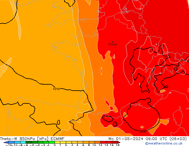 Theta-W 850hPa ECMWF mié 01.05.2024 09 UTC