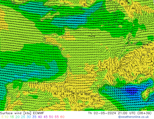 Surface wind ECMWF Čt 02.05.2024 21 UTC