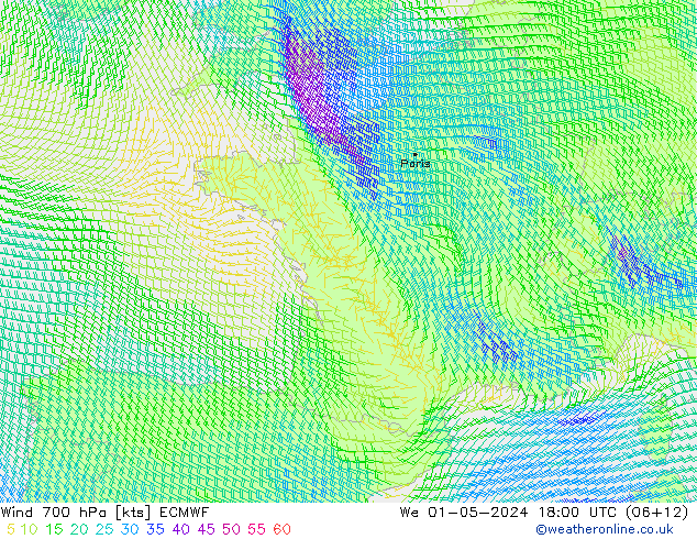 Vento 700 hPa ECMWF mer 01.05.2024 18 UTC