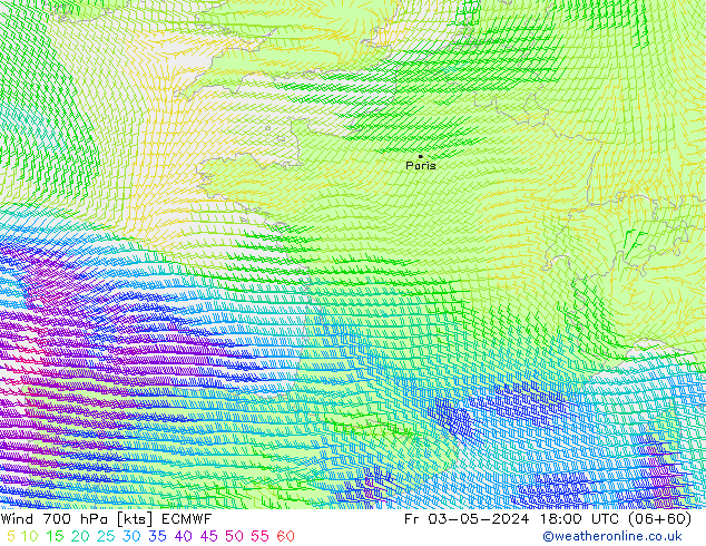 Wind 700 hPa ECMWF Fr 03.05.2024 18 UTC