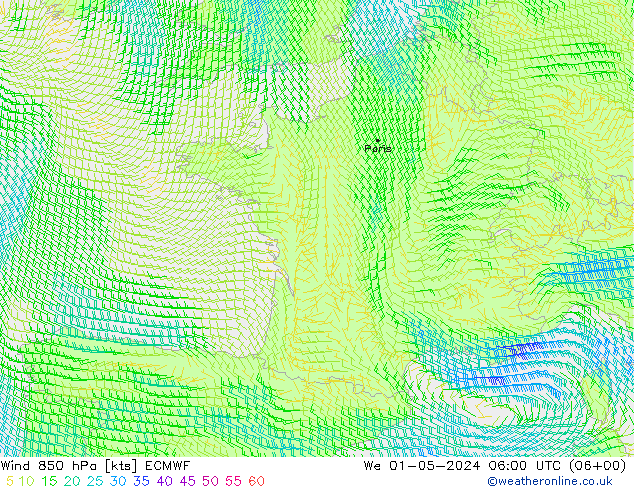 wiatr 850 hPa ECMWF śro. 01.05.2024 06 UTC