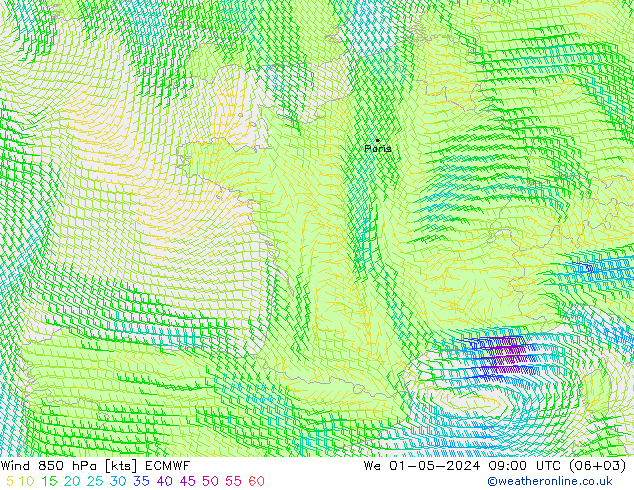 wiatr 850 hPa ECMWF śro. 01.05.2024 09 UTC