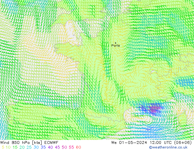 Wind 850 hPa ECMWF We 01.05.2024 12 UTC