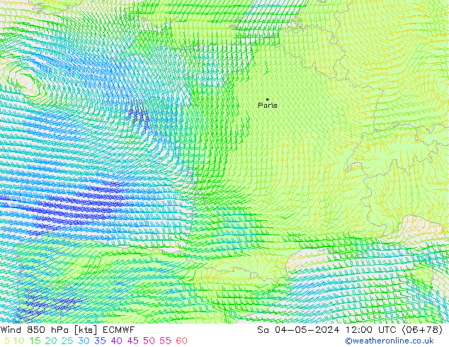 ветер 850 гПа ECMWF сб 04.05.2024 12 UTC