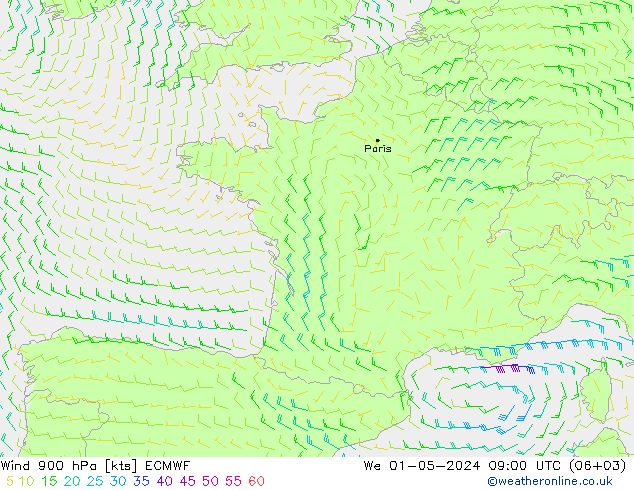 Viento 900 hPa ECMWF mié 01.05.2024 09 UTC