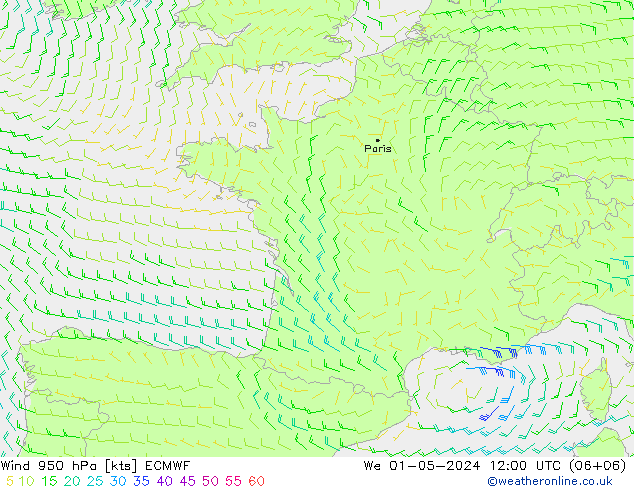 Prec 6h/Wind 10m/950 ECMWF We 01.05.2024 12 UTC