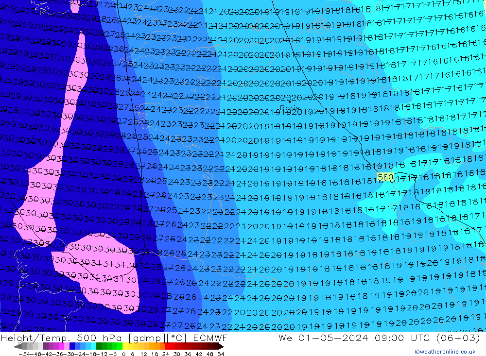 Height/Temp. 500 hPa ECMWF Qua 01.05.2024 09 UTC