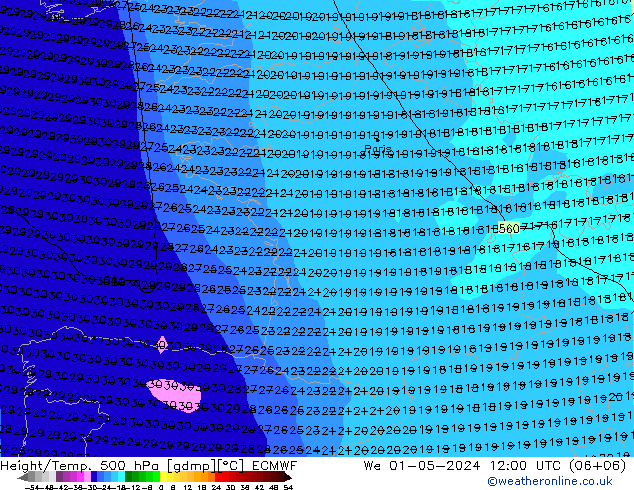 Z500/Rain (+SLP)/Z850 ECMWF Mi 01.05.2024 12 UTC