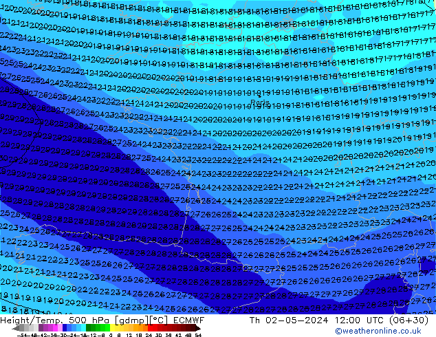 Height/Temp. 500 hPa ECMWF Čt 02.05.2024 12 UTC