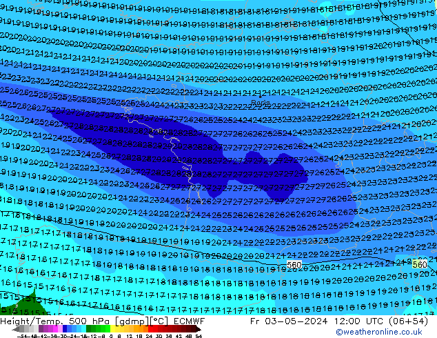 Z500/Rain (+SLP)/Z850 ECMWF Fr 03.05.2024 12 UTC