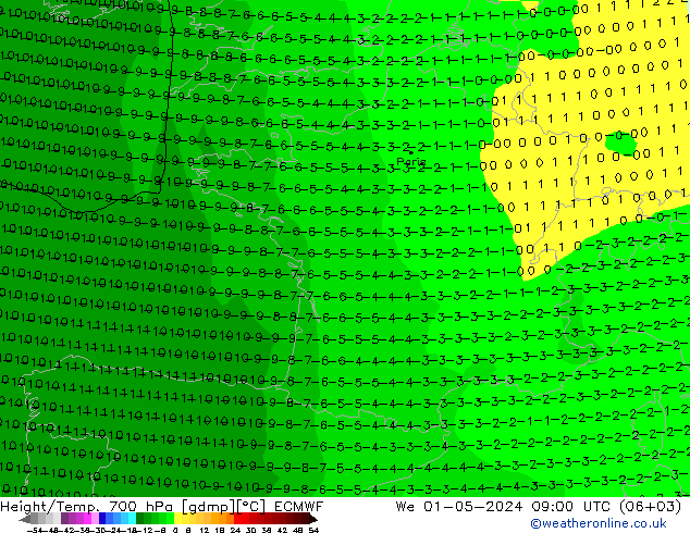 Height/Temp. 700 hPa ECMWF Mi 01.05.2024 09 UTC