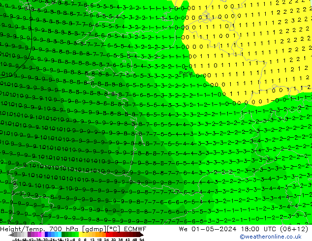 Height/Temp. 700 hPa ECMWF mer 01.05.2024 18 UTC