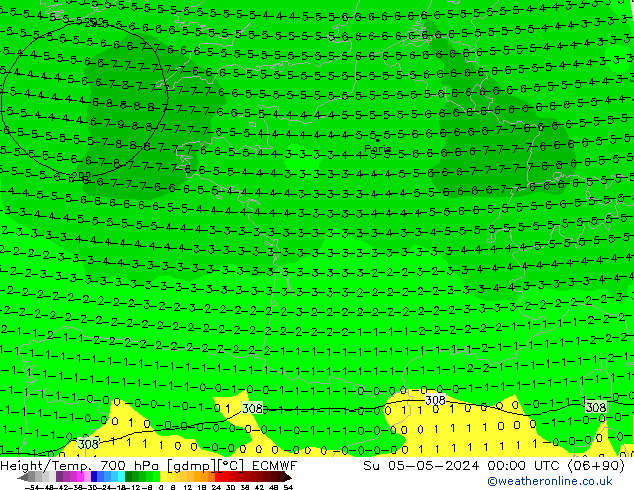 Height/Temp. 700 hPa ECMWF dom 05.05.2024 00 UTC