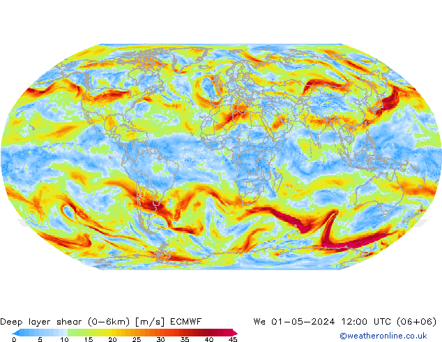 Deep layer shear (0-6km) ECMWF Mi 01.05.2024 12 UTC