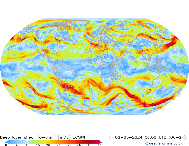 Deep layer shear (0-6km) ECMWF Do 02.05.2024 06 UTC