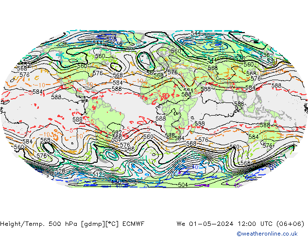 Z500/Rain (+SLP)/Z850 ECMWF Mi 01.05.2024 12 UTC