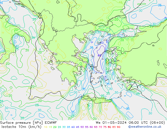 Isotachs (kph) ECMWF We 01.05.2024 06 UTC