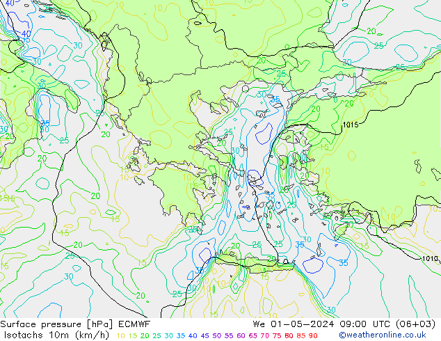 Izotacha (km/godz) ECMWF śro. 01.05.2024 09 UTC