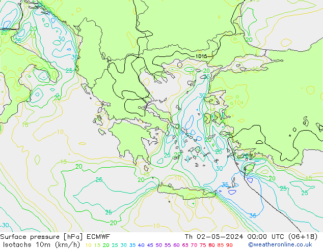 Isotachs (kph) ECMWF чт 02.05.2024 00 UTC