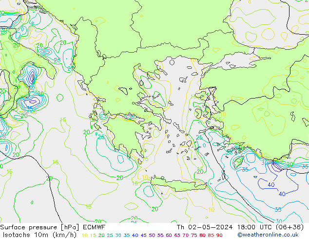 Isotachs (kph) ECMWF Th 02.05.2024 18 UTC