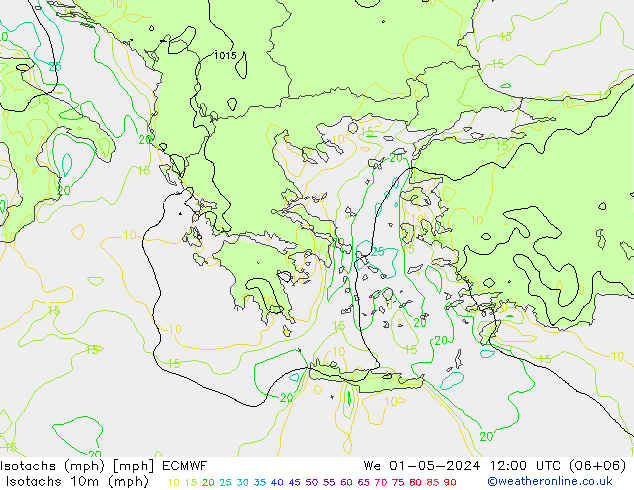 Isotachs (mph) ECMWF mer 01.05.2024 12 UTC