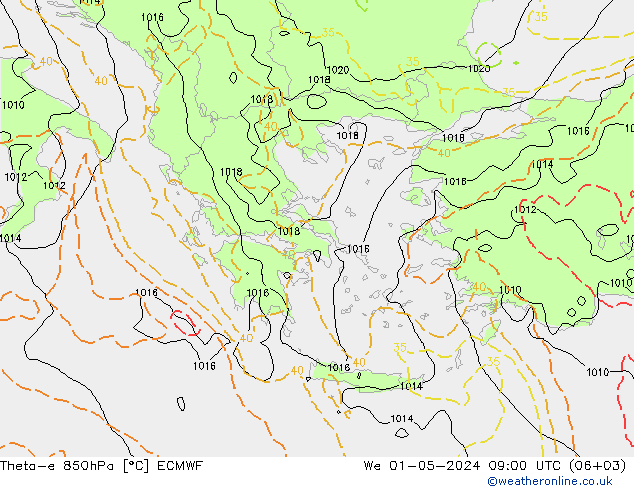 Theta-e 850hPa ECMWF śro. 01.05.2024 09 UTC