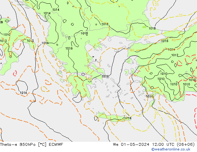 Theta-e 850hPa ECMWF mer 01.05.2024 12 UTC