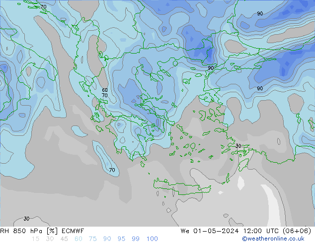 RH 850 hPa ECMWF mer 01.05.2024 12 UTC