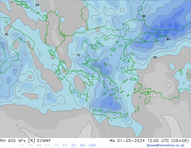 RH 925 hPa ECMWF mer 01.05.2024 12 UTC