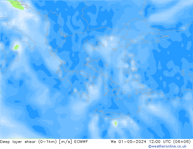 Deep layer shear (0-1km) ECMWF mer 01.05.2024 12 UTC