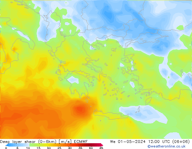 Deep layer shear (0-6km) ECMWF mer 01.05.2024 12 UTC