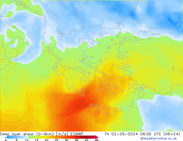 Deep layer shear (0-6km) ECMWF Th 02.05.2024 06 UTC