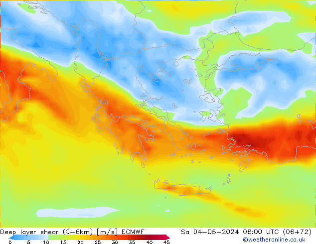 Deep layer shear (0-6km) ECMWF so. 04.05.2024 06 UTC