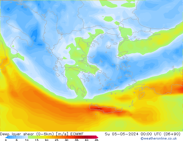 Deep layer shear (0-6km) ECMWF Su 05.05.2024 00 UTC